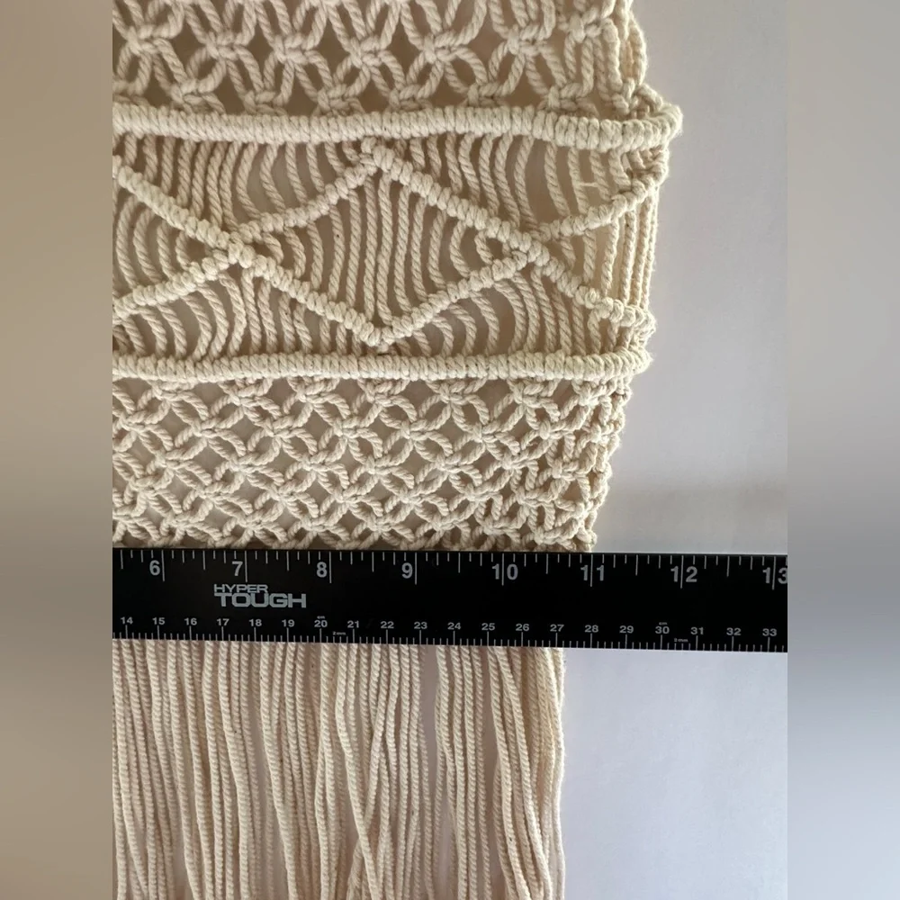 Macrame Crochet Handbag Woven Purse Wood Ring Handles Fringe Boho Bag NEW